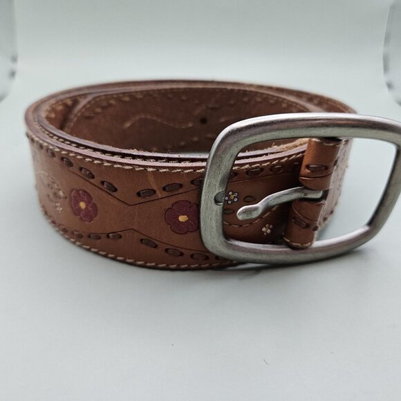 Fossil Accessories - Fossil Women's Belt Large Brown Leather Painted Flowers Boho Western